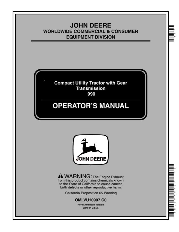 John Deere 990 Compact utility tractor Operator manual OMLVU10907 — actual manual cover