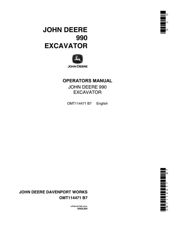 John Deere 990 Excavator Operator manual OMT114471 — actual manual cover