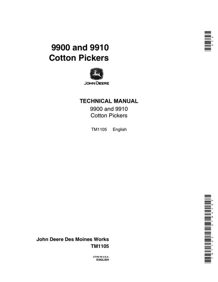 John Deere 9900, 9910 Cotton Picker Technical Manual TM1105 — actual manual cover