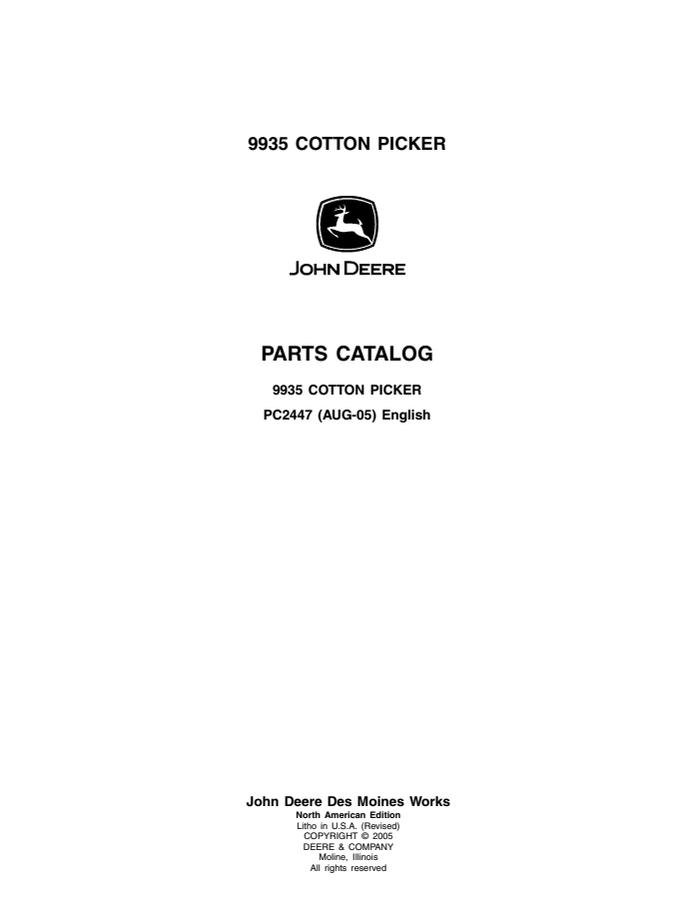 John Deere 9935 Cotton picker Parts catalog PC2447 — actual manual cover