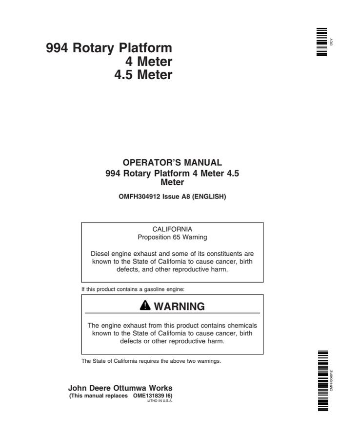 John Deere 994 Rotary platform Operator manual OMFH304912 — actual manual cover