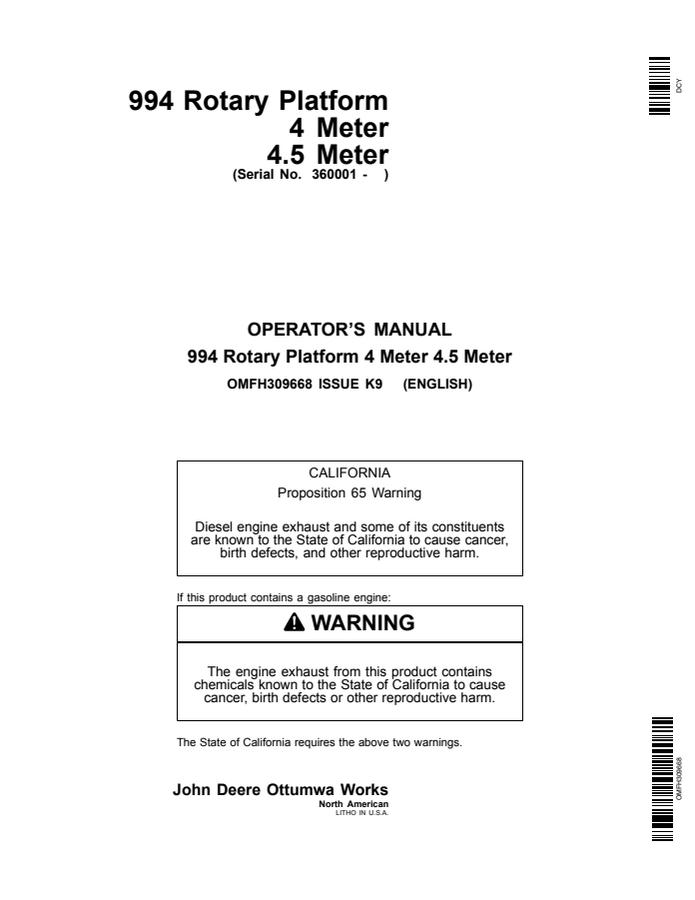 John Deere 994 Rotary platform Operator manual OMFH309668 — actual manual cover