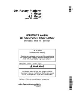 John Deere 994 Rotary platform Operator manual OMFH309668 — actual manual cover