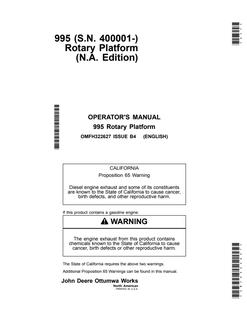 John Deere 995 Rotary Platform Rotary platform Operator manual OMFH322627 — actual manual cover