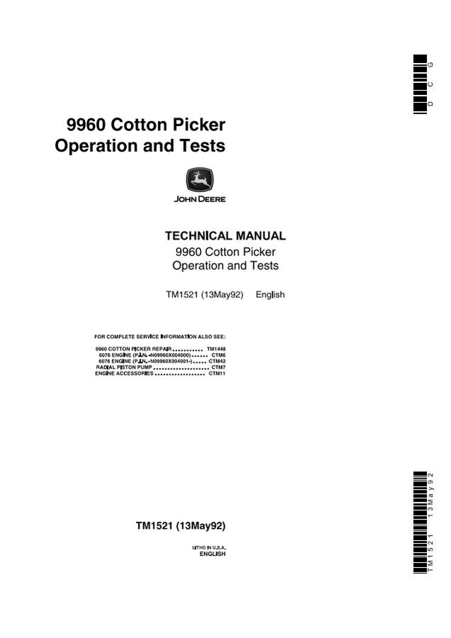 John Deere 9960 Cotton picker Operation and test manual TM1521 — actual manual cover