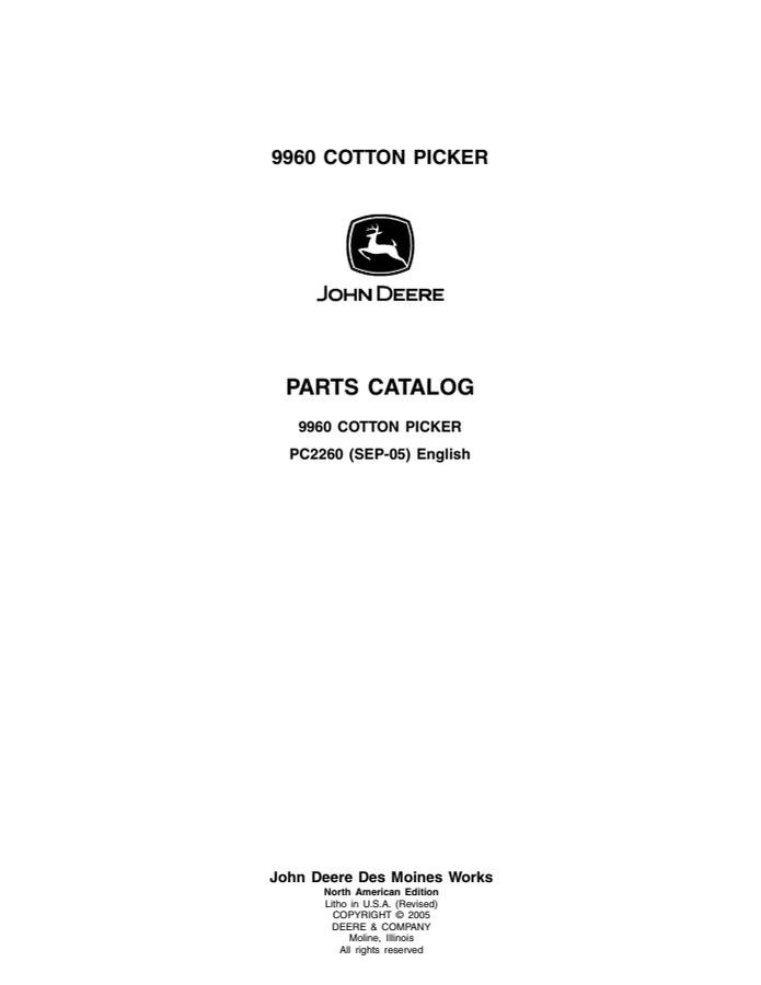John Deere 9960 Cotton picker Parts catalog PC2260 — actual manual cover