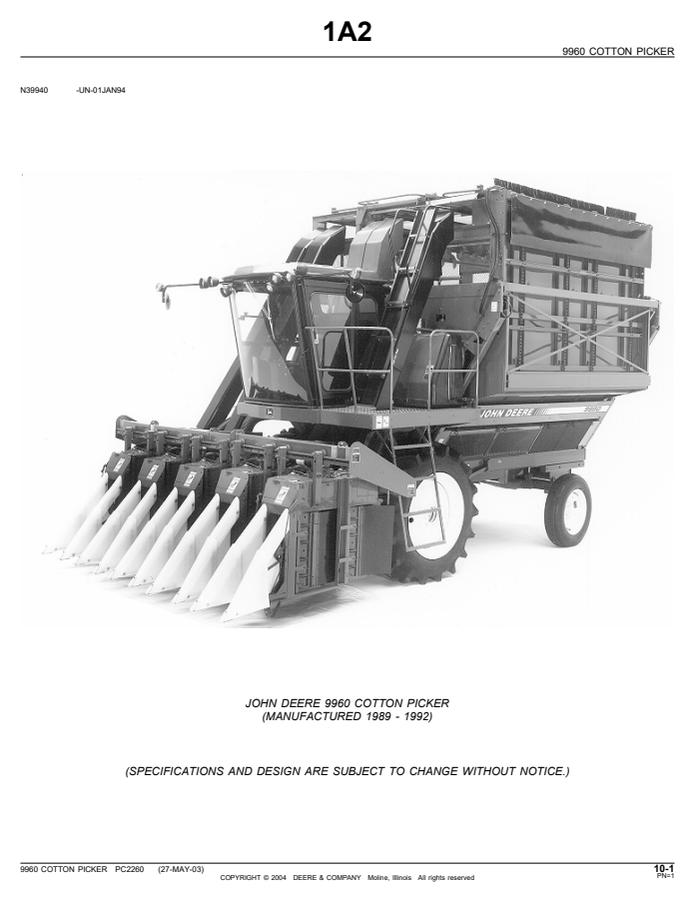 John Deere 9960, manufactured 1989–1992 Cotton picker Parts catalog PC2260 — actual manual cover