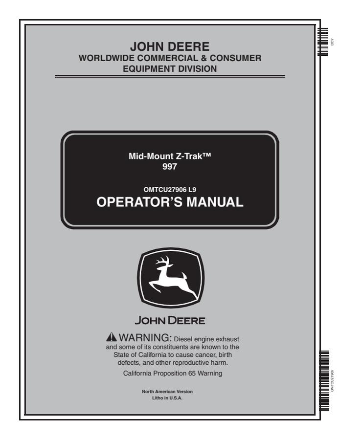 John Deere 997 Zero-turn mower Operator manual OMTCU27906 — actual manual cover
