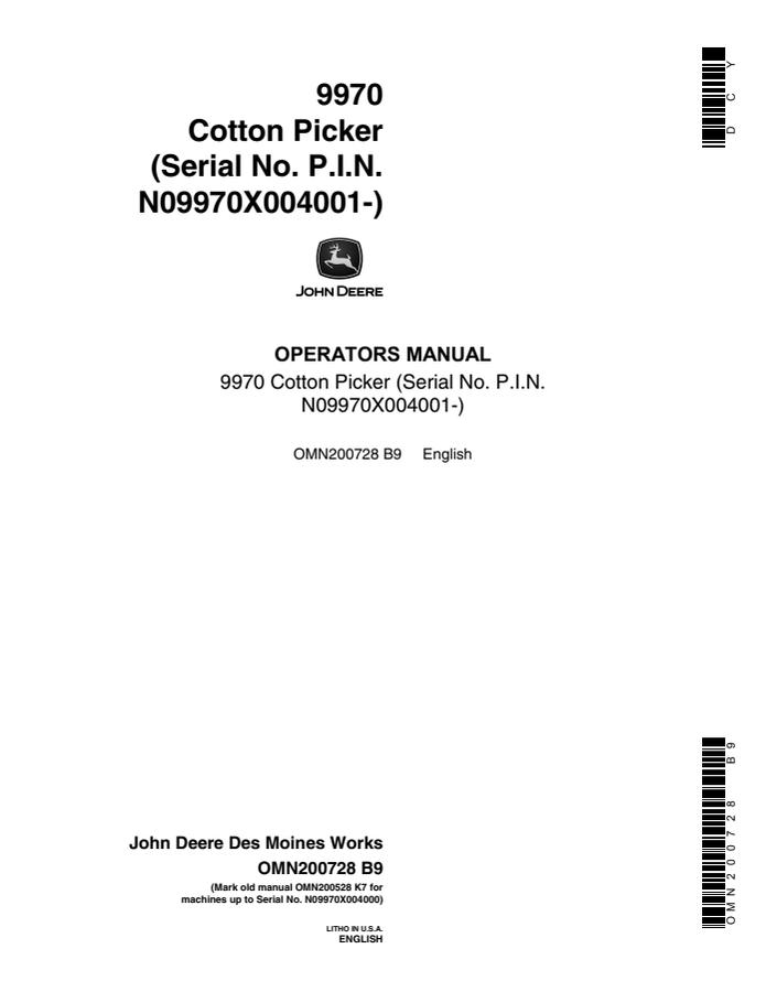 John Deere 9970 Cotton Picker Cotton picker Operator manual OMN200728 — actual manual cover