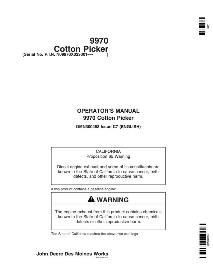 John Deere 9970 Cotton Picker Cotton picker Operator manual OMN300493 — actual manual cover