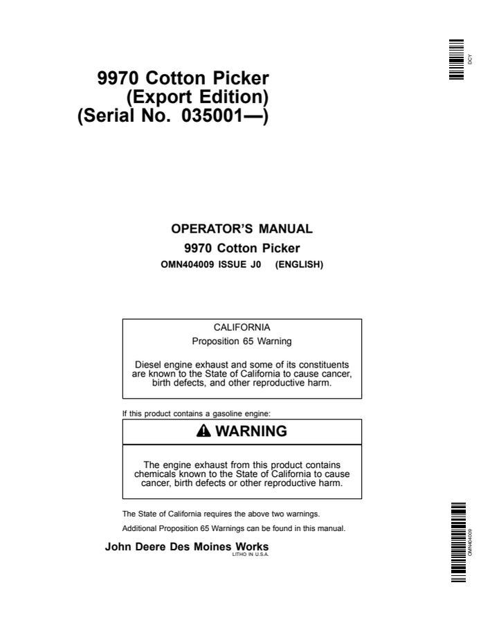 John Deere 9970 Cotton Picker Cotton picker Operator manual OMN404009 — actual manual cover
