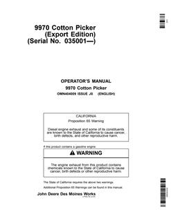 John Deere 9970 Cotton Picker Cotton picker Operator manual OMN404009 — actual manual cover