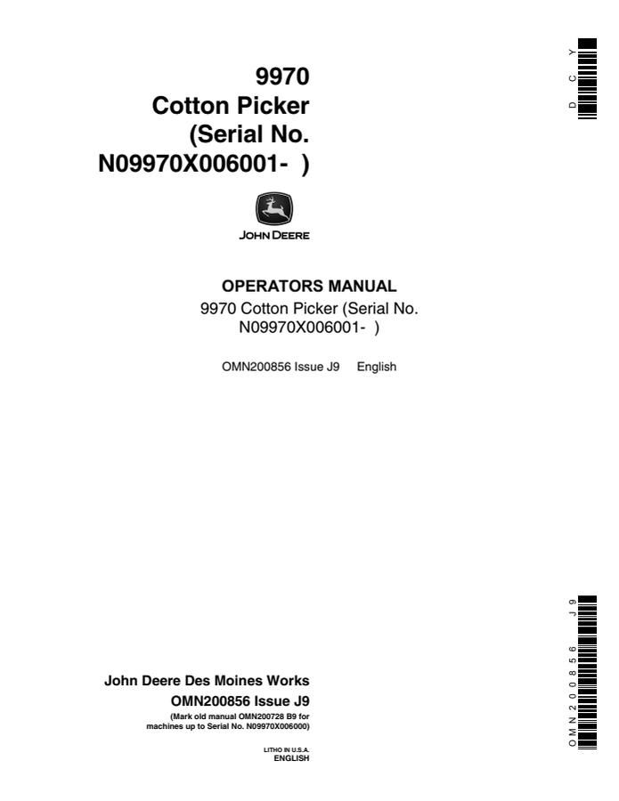 John Deere 9970 Cotton Picker Operator's Manual OMN200856 — actual manual cover