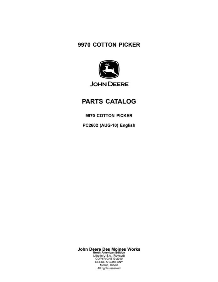 John Deere 9970 Cotton picker Parts catalog PC2602 — actual manual cover