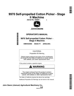 John Deere 9970 Self-propelled Cotton Picker Stage II Cotton picker Operator manual OMKK52094 — actual manual cover