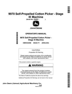 John Deere 9970 Stage III Cotton Picker Operator Manual OMKK52098 — actual manual cover