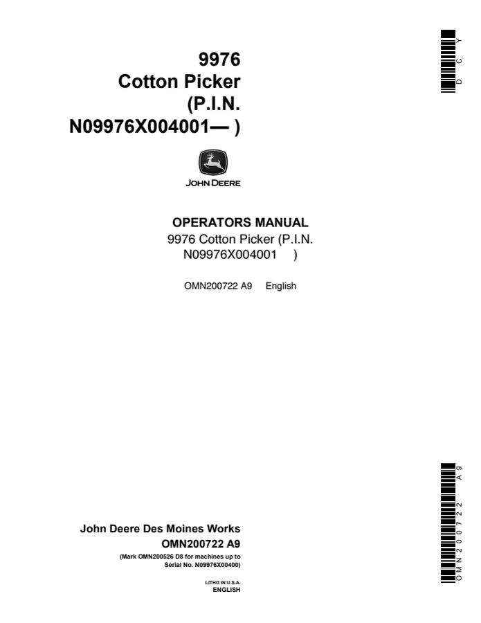 John Deere 9976 Cotton Picker Cotton picker Operator manual OMN200722 — actual manual cover