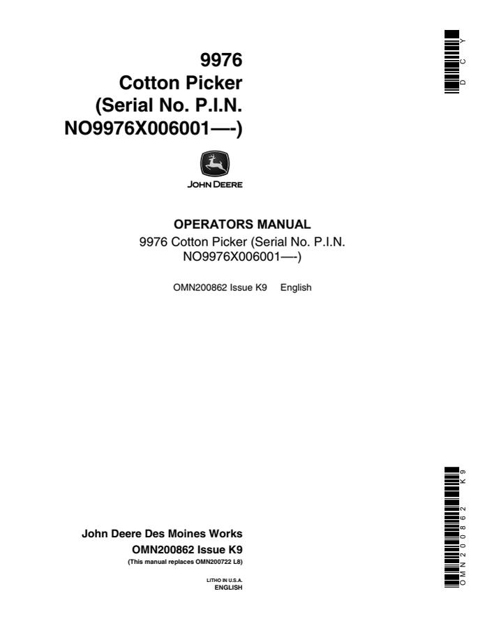 John Deere 9976 Cotton picker Operator's manual OMN200862 — actual manual cover