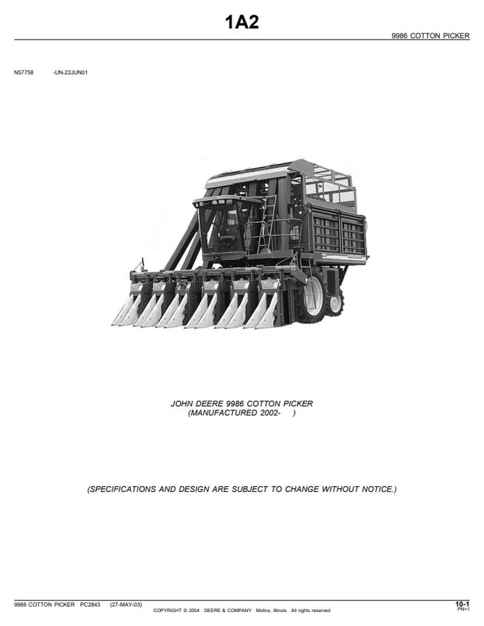 John Deere 9986, manufactured 2002 and later Cotton picker Parts catalog PC2843 — actual manual cover