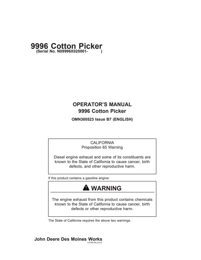 John Deere 9996 Cotton Picker Cotton picker Operator manual OMN300523 — actual manual cover