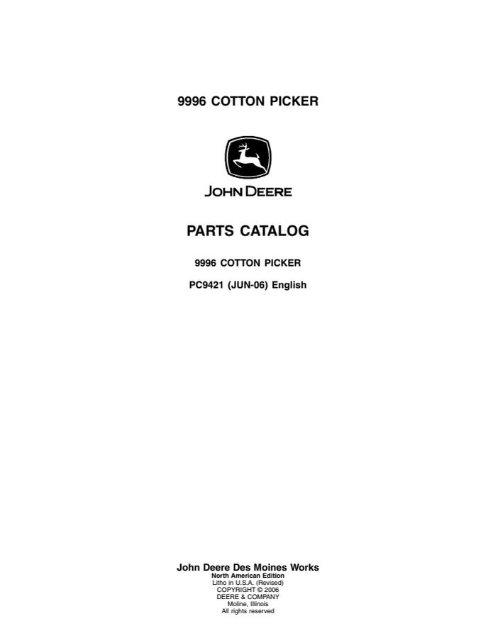 John Deere 9996 Cotton picker Parts catalog PC9421 — actual manual cover