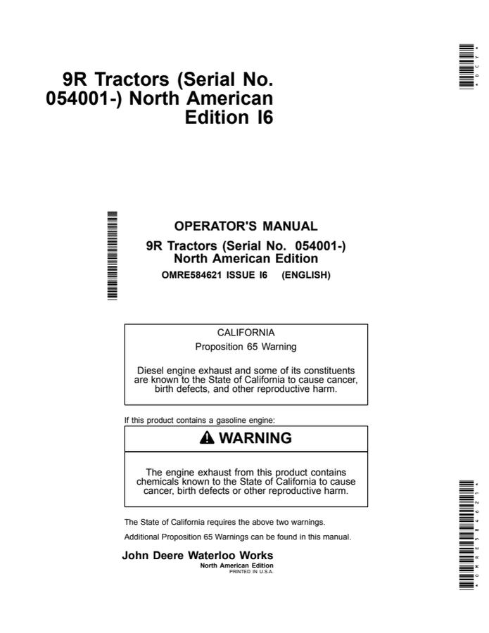 John Deere 9R Tractors Tractor Operator manual OMRE584621 — actual manual cover