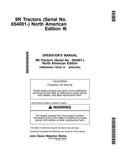 John Deere 9R Tractors Tractor Operator manual OMRE584621 — actual manual cover