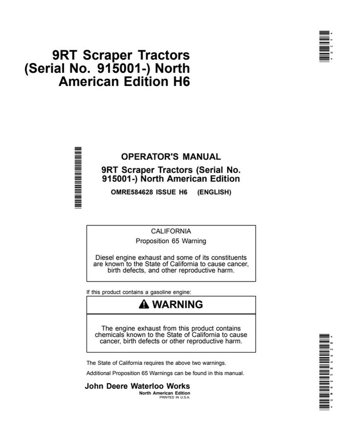 John Deere 9RT Scraper Tractors Tractor Operator manual OMRE584628 — actual manual cover
