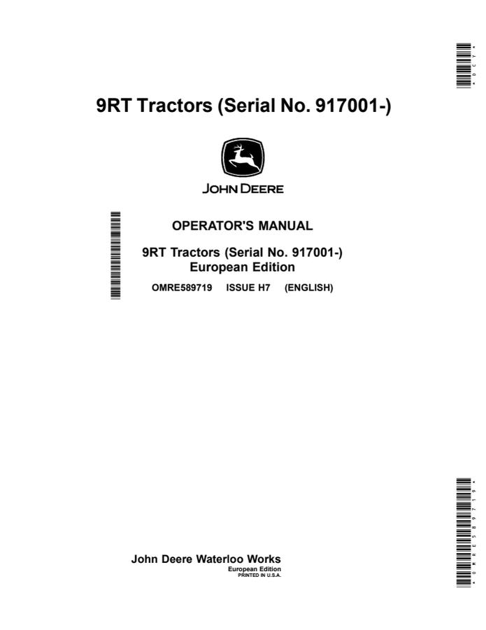John Deere 9RT Tractors Tractor Operator manual OMRE589719 — actual manual cover