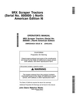John Deere 9RX Scraper Tractors Tractor Operator manual OMRE584634 — actual manual cover