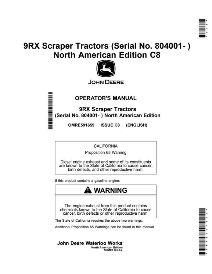 John Deere 9RX Scraper Tractors Tractor Operator manual OMRE591659 — actual manual cover