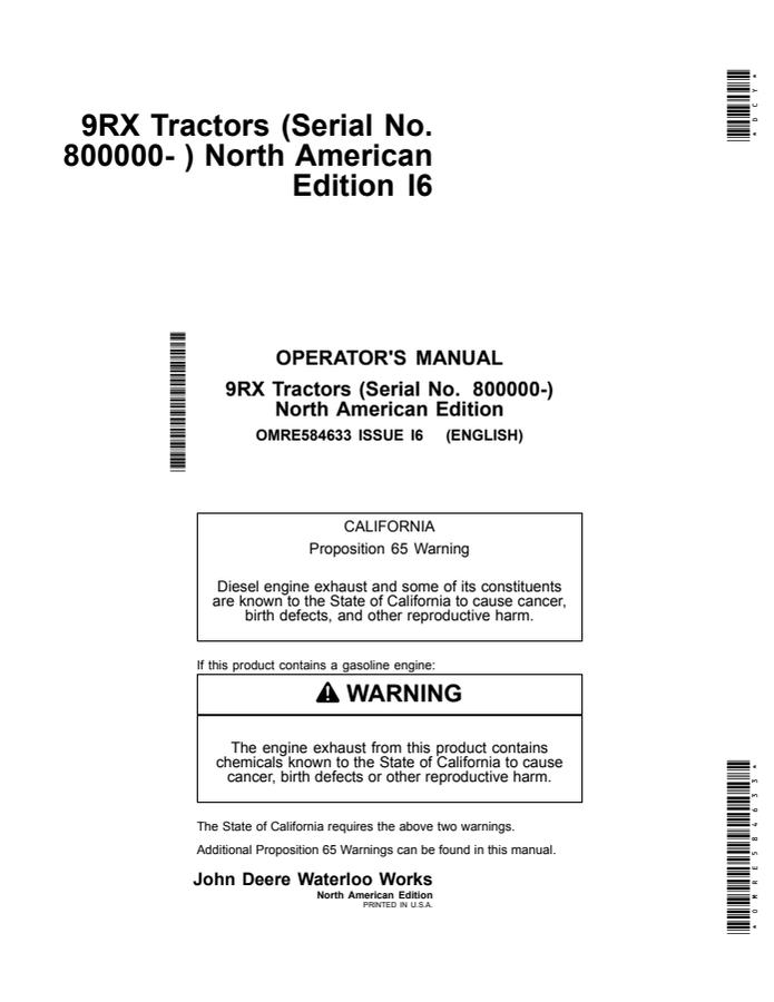 John Deere 9RX Tractor Operator manual OMRE584633 — actual manual cover