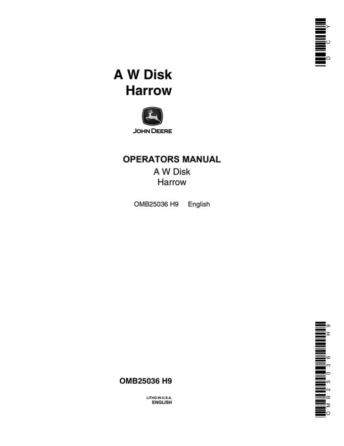 John Deere A W Disk harrow Operators manual OMB25036 — actual manual cover