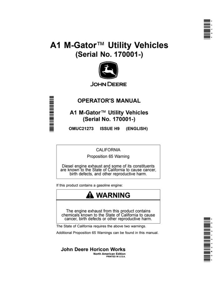 John Deere A1 M-Gator Utility vehicle Operator manual OMUC21273 — actual manual cover
