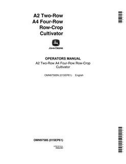 John Deere A2 Two-Row and A4 Four-Row Cultivator Operator manual OMN97585N — actual manual cover