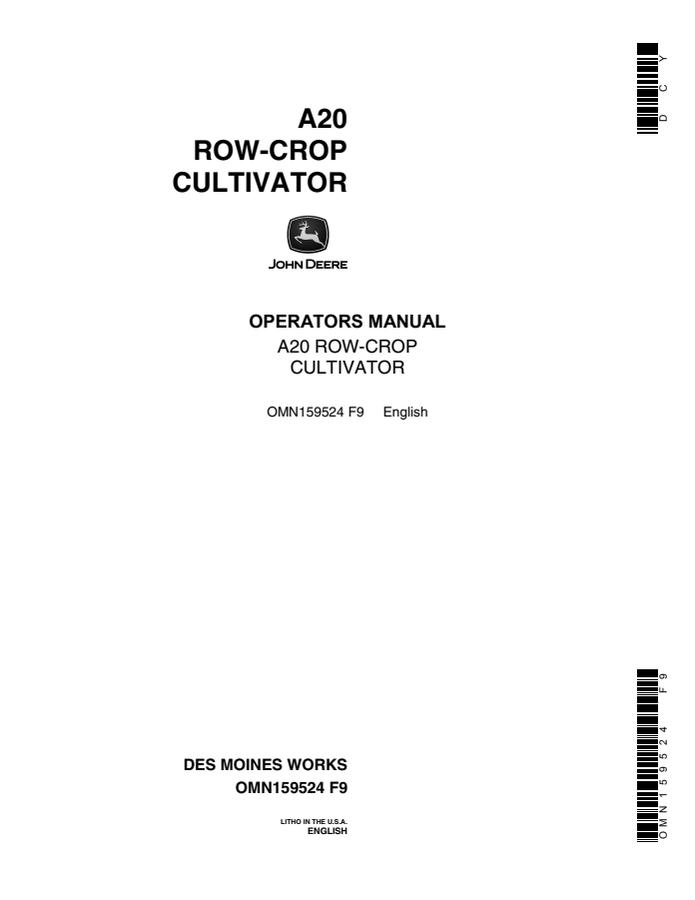 John Deere A20 Row-Crop Cultivator Operator's Manual — actual manual cover