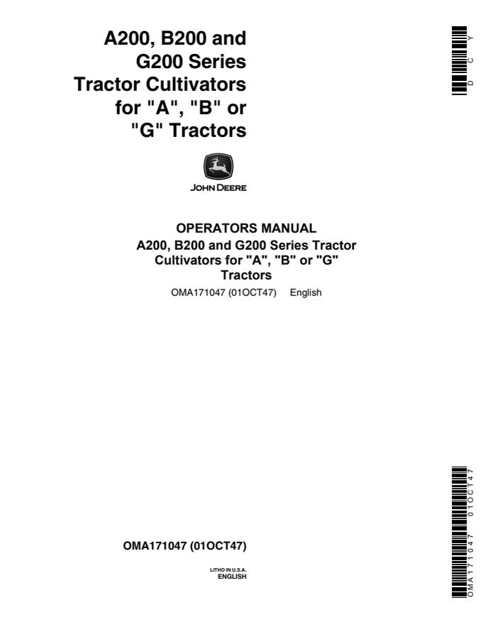 John Deere A200, B200 and G200 Series for A, B or G Tractors Cultivator Operator manual OMA171047 — actual manual cover