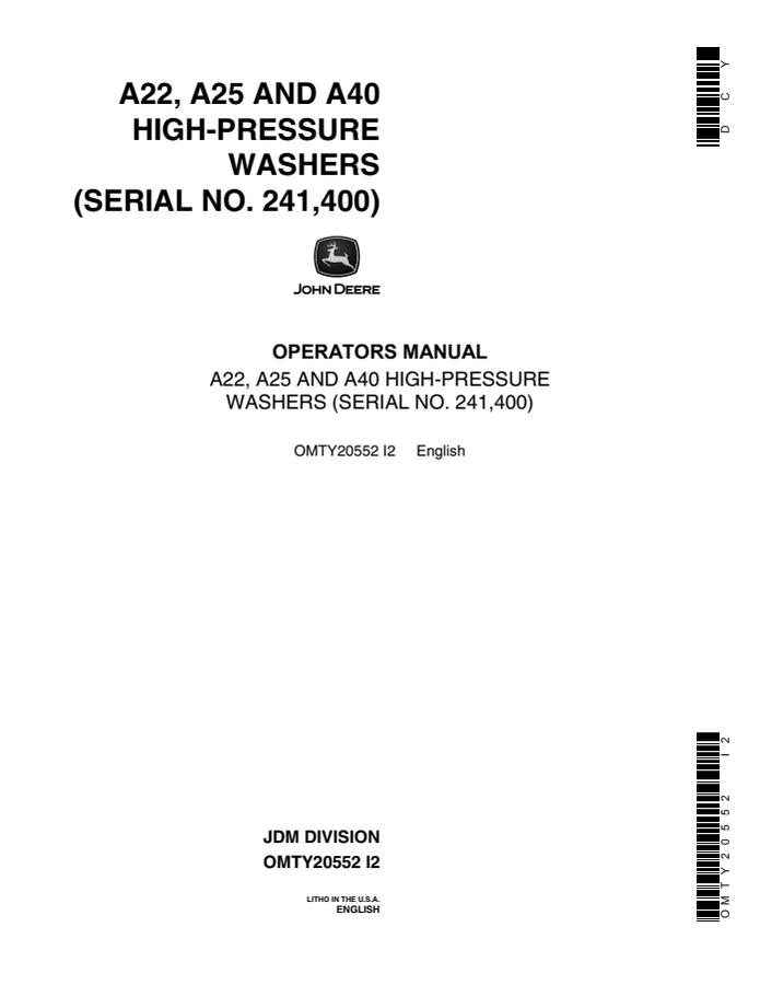 John Deere A22, A25 and A40 Pressure washer Operator manual OMTY20552 — actual manual cover