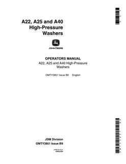 John Deere A22, A25 and A40 Pressure washer Operator manual OMTY3851 — actual manual cover