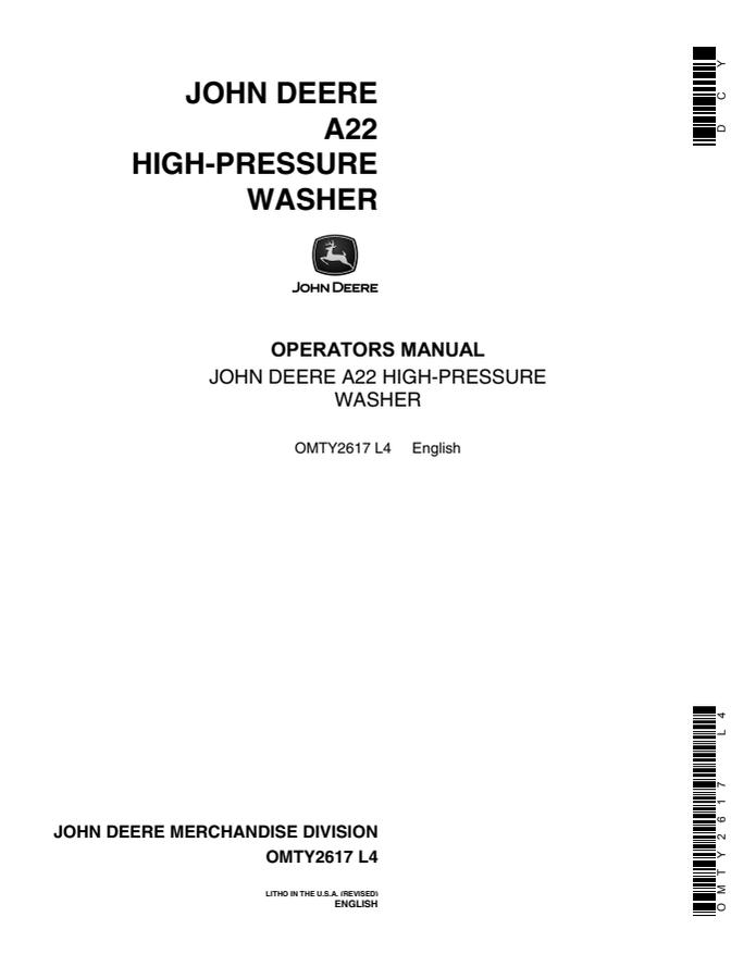 John Deere A22 Pressure washer Operator manual OMTY2617 — actual manual cover