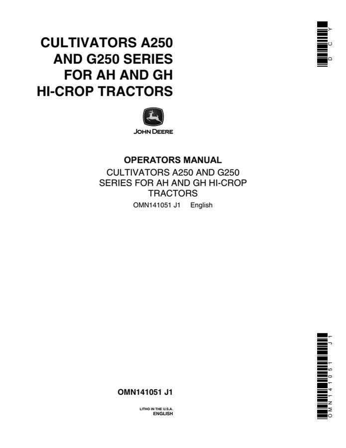John Deere A250 and G250 Series for AH and GH Hi-Crop Tractors Cultivator Operator manual OMN141051 — actual manual cover