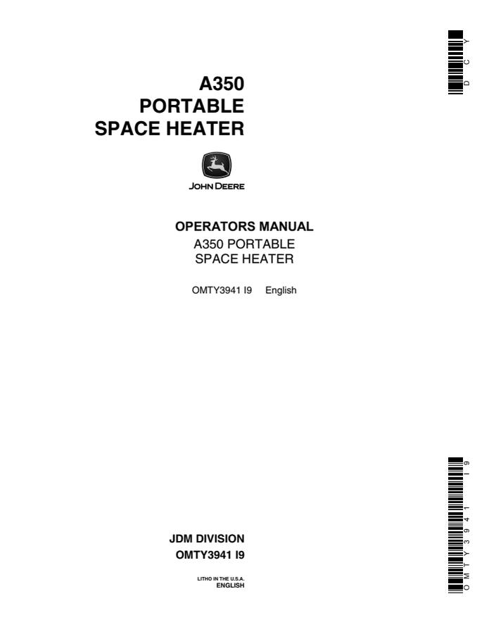 John Deere A350 Space heater Operator manual OMTY3941 — actual manual cover