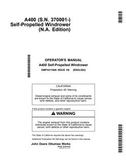 John Deere A400 Windrower Operator manual OMFH311688 — actual manual cover
