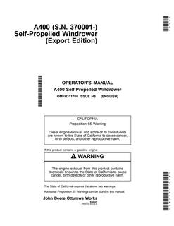 John Deere A400 Windrower Operator manual OMFH311708 — actual manual cover