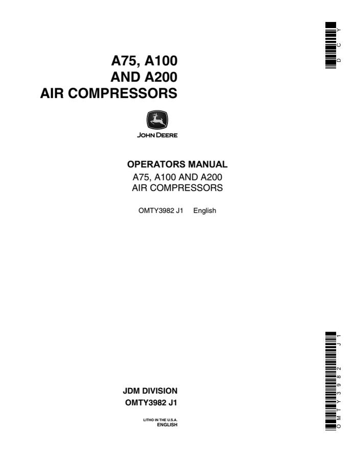 John Deere A75, A100 and A200 Air compressor Operator manual OMTY3982 — actual manual cover