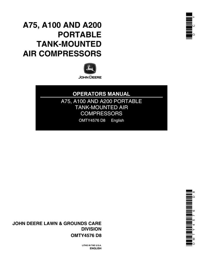 John Deere A75, A100 and A200 Air compressor Operator manual OMTY4576 — actual manual cover