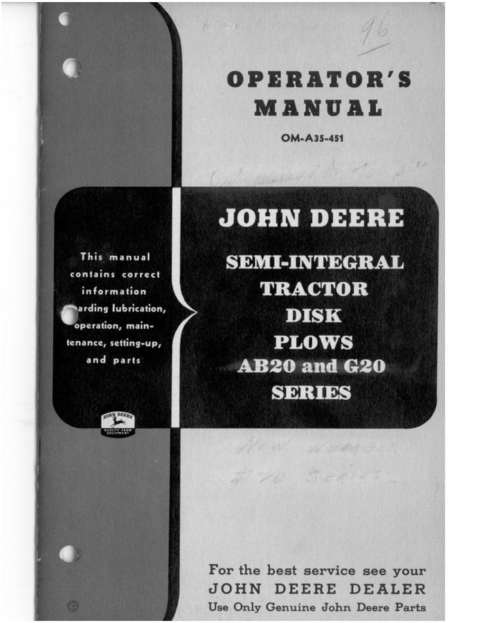 John Deere AB20 and G20 Series Semi-Integral Tractor Disk Plows Operator manual — actual manual cover