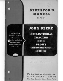 John Deere AB20 and G20 Series Semi-Integral Tractor Disk Plows Operator manual — actual manual cover