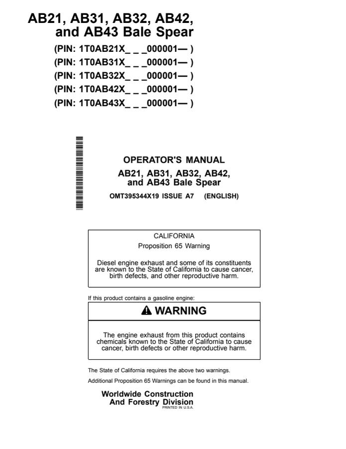 John Deere AB21, AB31, AB32, AB42 and AB43 Bale spear Operator manual OMT395344X19 — actual manual cover
