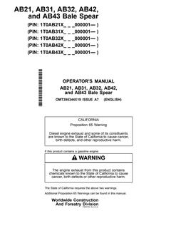 John Deere AB21, AB31, AB32, AB42 and AB43 Bale spear Operator manual OMT395344X19 — actual manual cover